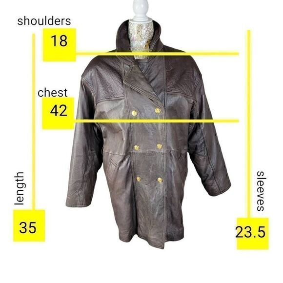 Braefair Vintage 80s Brown Leather Crested Gold Button Double Breasted Coat - Picture 2 of 16
